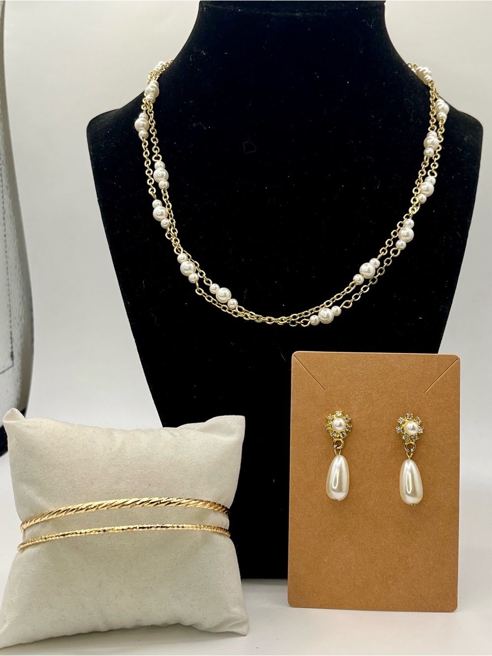 WHBM Gold-Tone Double Chain Pearl Necklace with Drop Earrings - White Pearls
